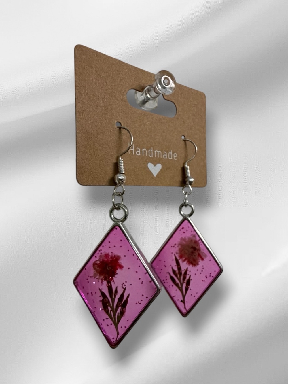 Handmade Pink Floral Resin Diamond Drop Earrings